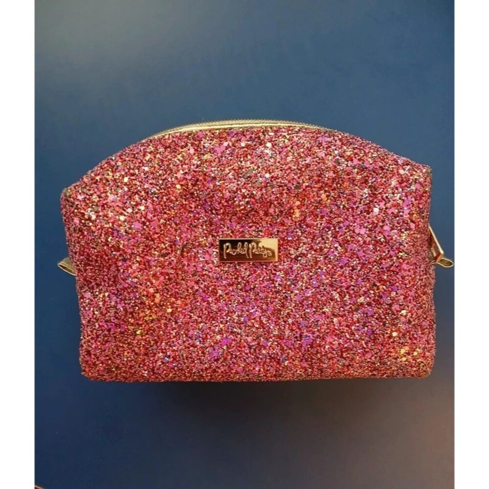 Rachel Parcell Rose Pink Glitter Makeup Pouch with Gold Accents